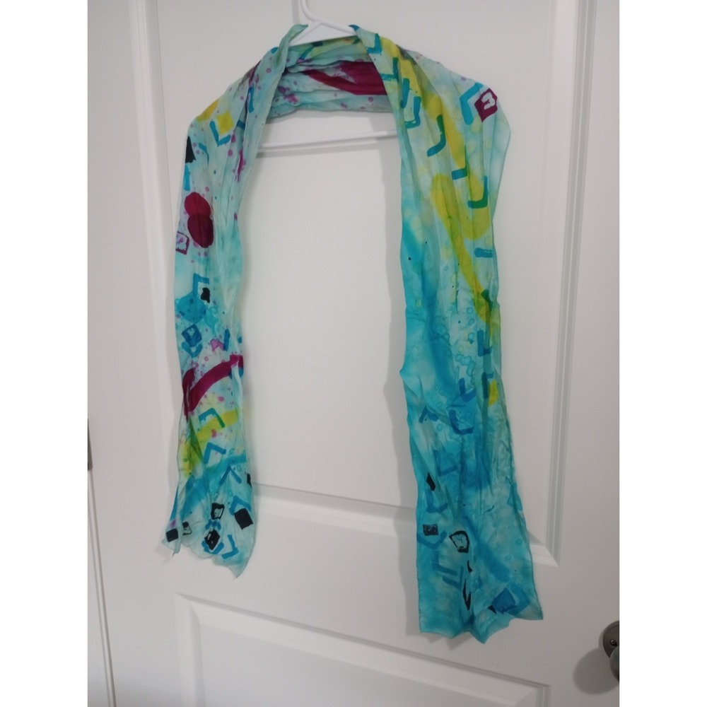 Abstract Art Print Sheer Scarf‎ 9x68 – Turquoise Aqua Yellow Modern Chiffon Wrap